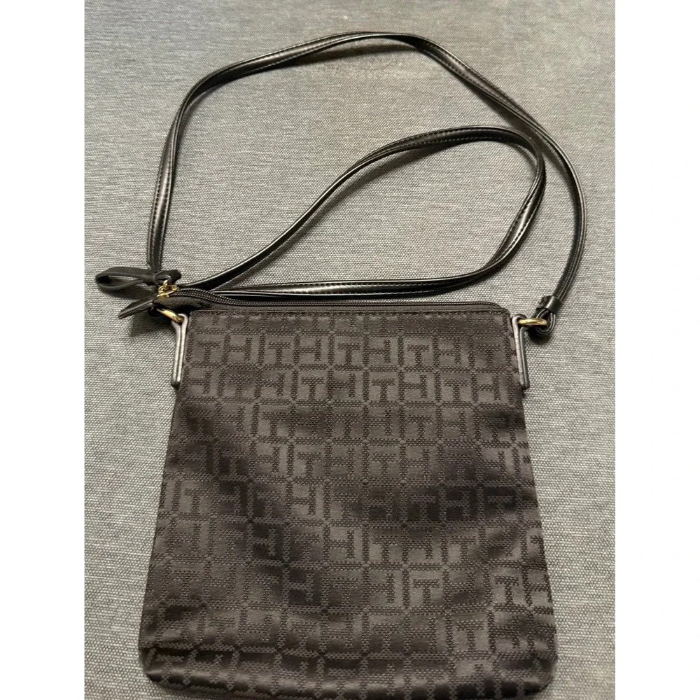 Tommy Hilfiger Black Monogram Jacquard Crossbody Bag Gold Logo Zippered Purse